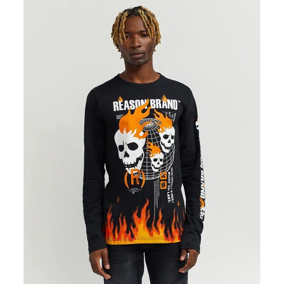 Reason T-Shirt Men’s Large Gray (Black Heather) Flaming Skulls Long Sleeve - Picture 5 of 9